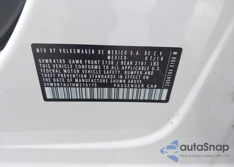 2017 Volkswagen Jetta 1.4T Se из США, поврежденный, VIN 3VWDB7AJ7HM210175